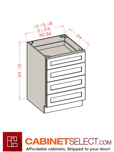 WS-4DB36: Shaker White 36″ Four Drawer Base Cabinet
