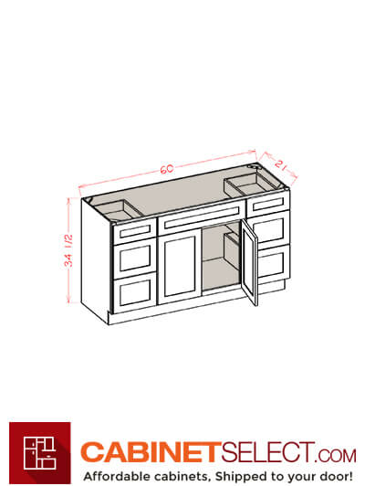 SCN-VDDB60: Shaker Cinder 60″ Vanity Combo Bases Double Three Drawer Stack
