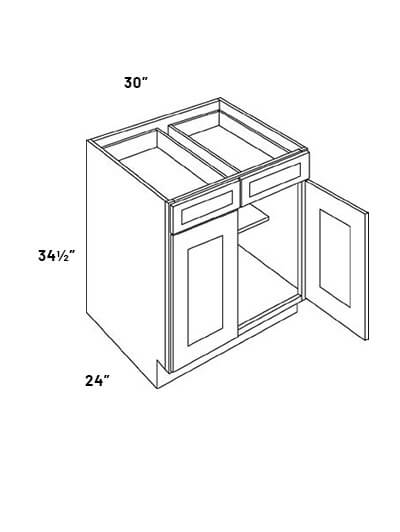 EB23-B30-POS1: Elegant Stone – 30″ Double Drawer, Double Door Base Cabinet with Pull Out Shelf