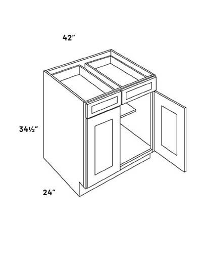 EB23-B42-POS4-WCD: Elegant Stone – 42″ Double Drawer, Double Door Base Cabinet with four Pull Out Shelves and Cutlery Divider