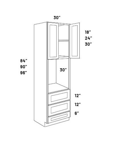 EB23-OV3084: Elegant Stone – Double Door 30″W x 84″H Tall Oven Cabinet with Wall Oven opening and 3 Drawers
