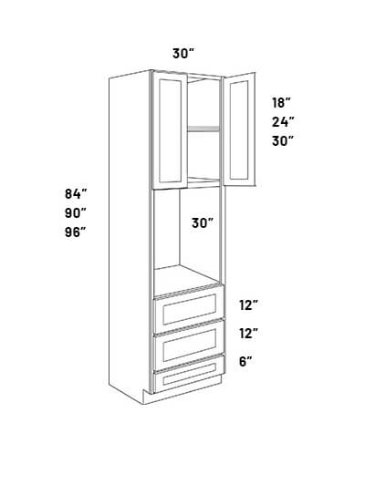 EB23-OV3090: Elegant Stone – Double Door 30″W x 90″H Tall Oven Cabinet with Wall Oven opening and 3 Drawers