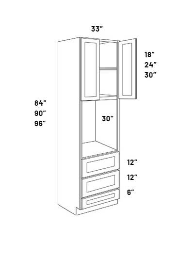 EB23-OV3384: Elegant Stone – Double Door 33″W x 84″H Oven Cabinet with Wall Oven opening and 3 Drawers