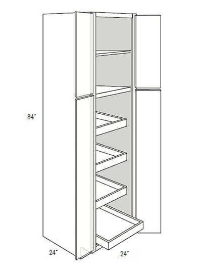 Bay Shaker White 24×84 4-Door Pantry Cabinet with 4 Soft-Close Rollout Trays