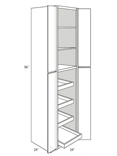 UB-WP2496BSCRT: Upton Brown 4-Door Pantry Cabinet w/ 4 Soft-Close Rollout Trays 24″W x 96″H