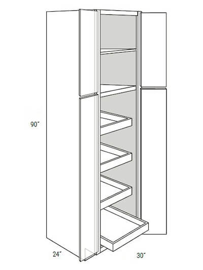 Bay Shaker Light Grey 30×90 4-Door Pantry Cabinet with 4 Soft-Close Rollout Trays