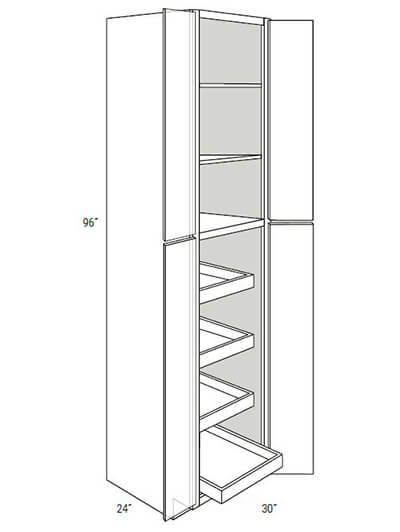 Bay Shaker White 30×96 4-Door Pantry Cabinet with 4 Soft-Close Rollout Trays