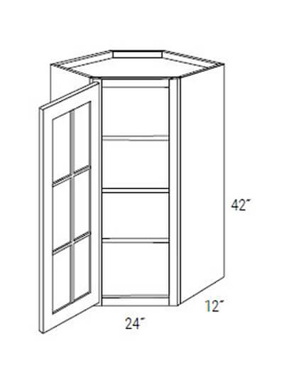Bay Shaker Greystone 24x42x12 Single Glass Door Wall Diagonal Corner Cabinet (No Mullions)