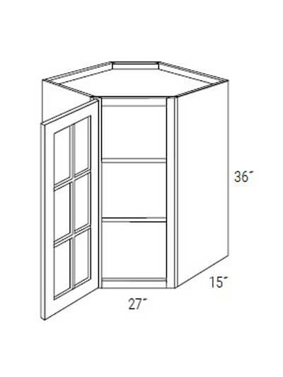 Bay Shaker Greystone 27x36x15 Single Glass Door Wall Diagonal Corner Cabinet (No Mullions)