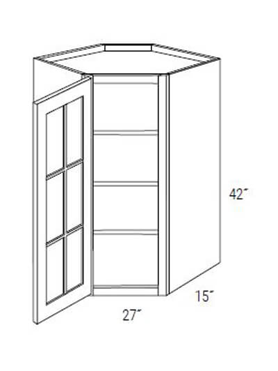 Bay Shaker Greystone 27x42x15 Single Glass Door Wall Diagonal Corner Cabinet (No Mullions)
