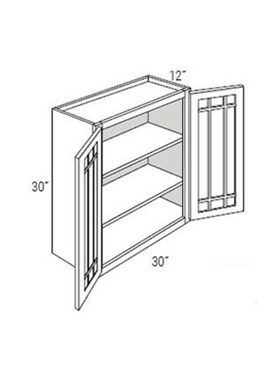 Bay Shaker White 30x30x12 Double Glass Door Wall Cabinet (With Prairie Style Mullions)
