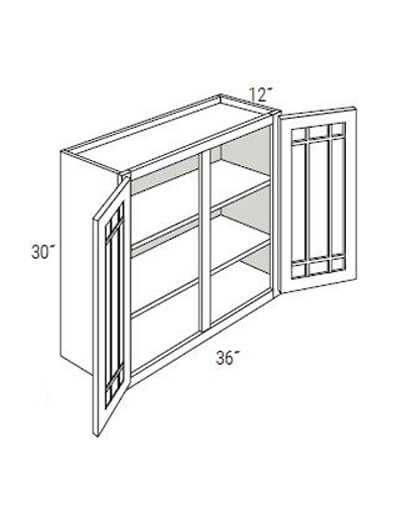 Bay Shaker White 36x30x12 Double Glass Door Wall Cabinet (With Prairie Style Mullions)