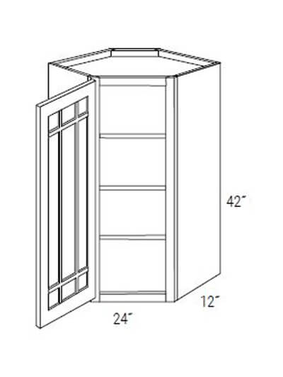 Bay Shaker Greystone 24x42x12 Single Glass Door Wall Diagonal Corner Cabinet (With Prairie Style Mullions)