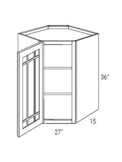 Bay Shaker Greystone 27x36x15 Single Glass Door Wall Diagonal Corner Cabinet (With Prairie Style Mullions)