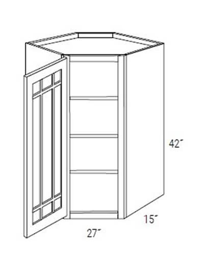Bay Shaker Greystone 27x42x15 Single Glass Door Wall Diagonal Corner Cabinet (With Prairie Style Mullions)
