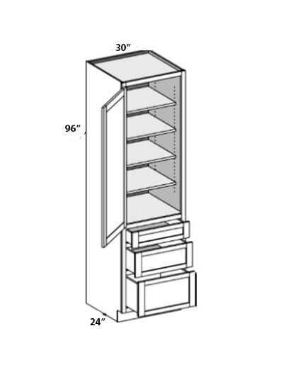 Rockport Grey 30″x96″ Single Door, Triple Drawer Pantry Cabinet