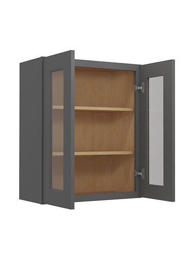 SG-W2430GD: Shaker Grey 24″ Glass Door Wall Cabinet Double Door 30″ Tall
