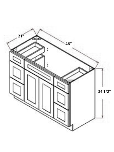 Pristine White Shaker 48″ Double Door Vanity Combo, Three Drawers Each Side, Center Sink