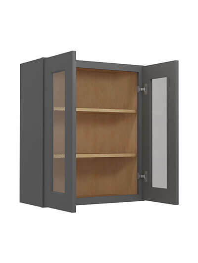 SG-W2436GD: Shaker Grey 24″ Glass Door Wall Cabinet Double Door 36″ Tall