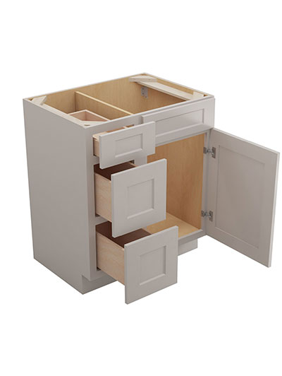 SD-V3021DL: Shaker Dove 30″ Vanity Combo Bases Three Drawers Left