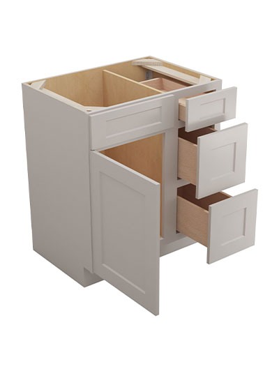 SD-V3021DR: Shaker Dove 30″ Vanity Combo Bases Three Drawers Right