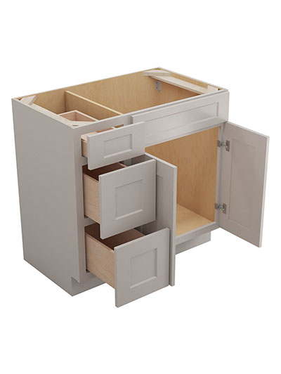 SD-V3621DL: Shaker Dove 36″ Vanity Combo Bases Three Drawers Left