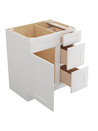 WS-V3021DR: Shaker White 30″ Vanity Combo Bases Three Drawers Right