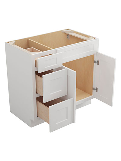WS-V3621DL: Shaker White 36″ Vanity Combo Bases Three Drawers Left