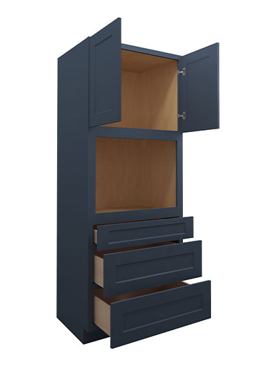 Oceana Blue Shaker 84″ High, Double Door, Three Drawer Oven Pantry