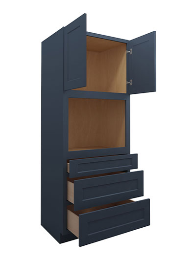 Oceana Blue Shaker 90″ High, Double Door, Three Drawer Oven Pantry