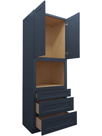 Oceana Blue Shaker 96″ High, Double Door, Three Drawer Oven Pantry