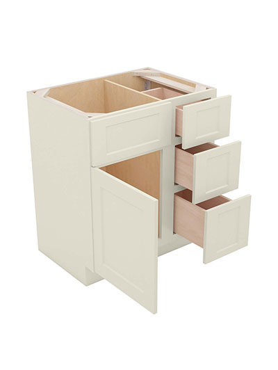 SA-V3021DR: Shaker Antique White 30″ Vanity Combo Base Three Drawers Right