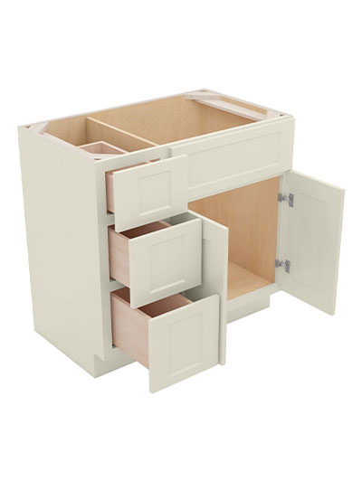 SA-V3621DL: Shaker Antique White 36″ Vanity Combo Base Three Drawers Left