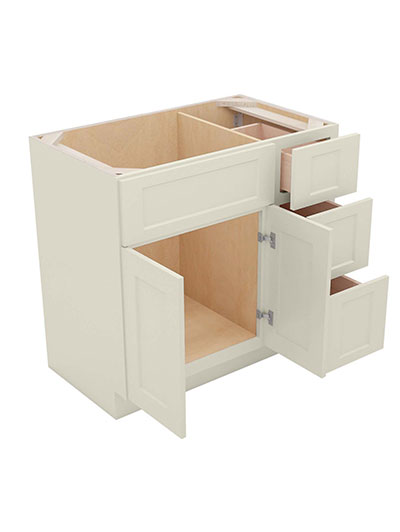 SA-V3621DR: Shaker Antique White 36″ Vanity Combo Base Three Drawers Right