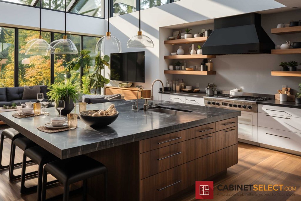 White Cabinets Natural Wood Black Appliances 17