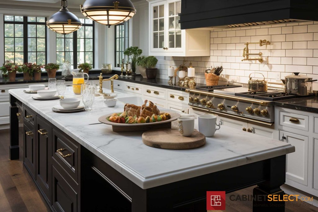 White Kitchen Black Cabinets Large Black Hood 16