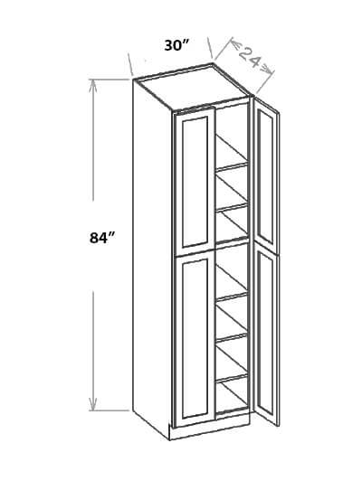 WS-U308424: Shaker White 30″ Utility Cabinet Four Doors 84″ H