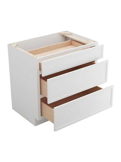 PW-DB36(3): Petit White Shaker 36″ 3 Drawer Base Cabinet