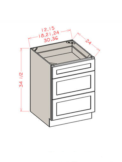 SU-3DB12: Ready-to-Finish Shaker 12″ Three Drawer Base Cabinet