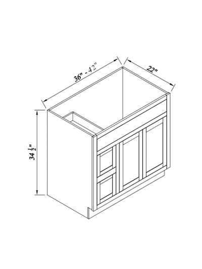 Inset White Slab Shaker Vanity Sink Base With Two Left Drawers 42”W*22”D*34-1/2”H