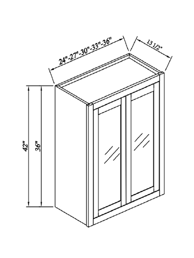 Inset White Slab Shaker Double Glass Door Wall Cabinet 30”W*36”H*13 1/2”D