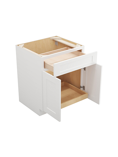 WS-B271RS: Shaker White 27″ Double Door Single Drawer One Rollout Shelf Base Kit