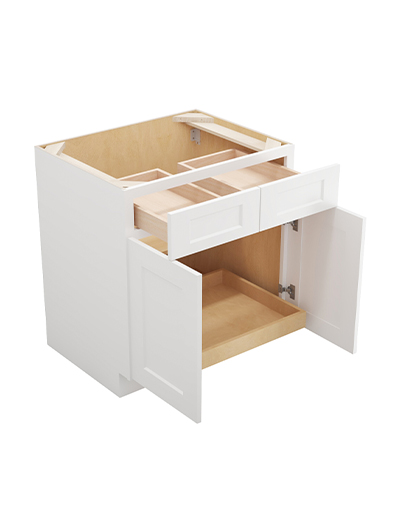WS-B301RS: Shaker White 30″ Double Door Double Drawer One Rollout Shelf Base Kit