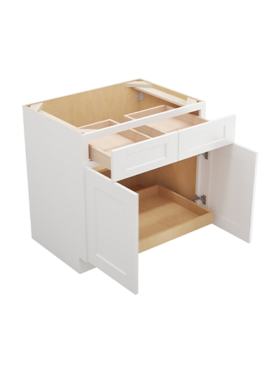 WS-B331RS: Shaker White 33″ Double Door Double Drawer One Rollout Shelf Base Kit