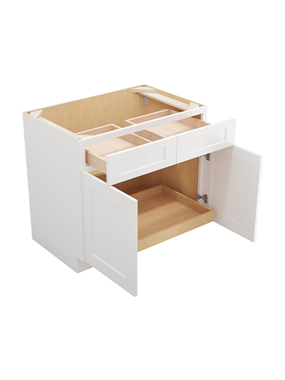 WS-B361RS: Shaker White 36″ Double Door Double Drawer One Rollout Shelf Base Kit