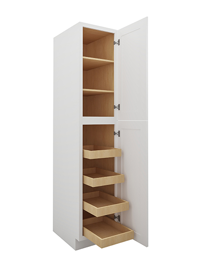 WS-U1884244RS: Shaker White Tall Cabinets – 18″ Two Door Utility, Four Rollout Shelf Cabinet 84″ H