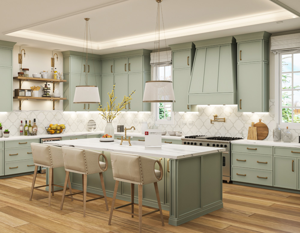 Avalon Slim Shaker Sage Green Modern Kitchen | Kitchen Design Inspiration | Cabinetselect.com