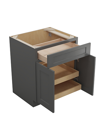 SG-B272RS: Shaker Grey 27″ Double Door Single Drawer Two Rollout Shelf Base Kit