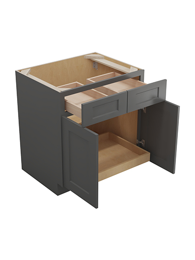 SG-B301RS: Shaker Grey 30″ Double Door Double Drawer One Rollout Shelf Base Kit
