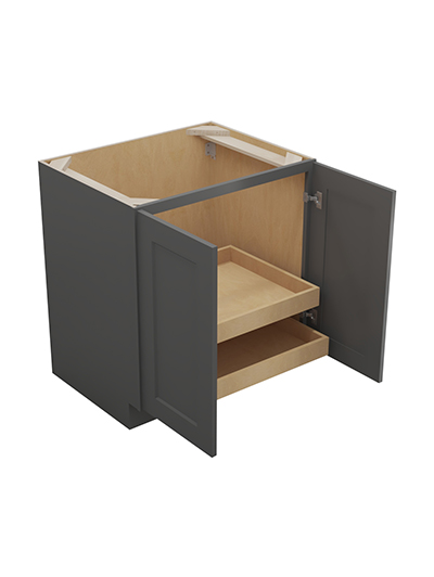 SG-B30FH2RS: Shaker Grey 30″ Double Full Height Door Two Rollout Shelf Base Kit